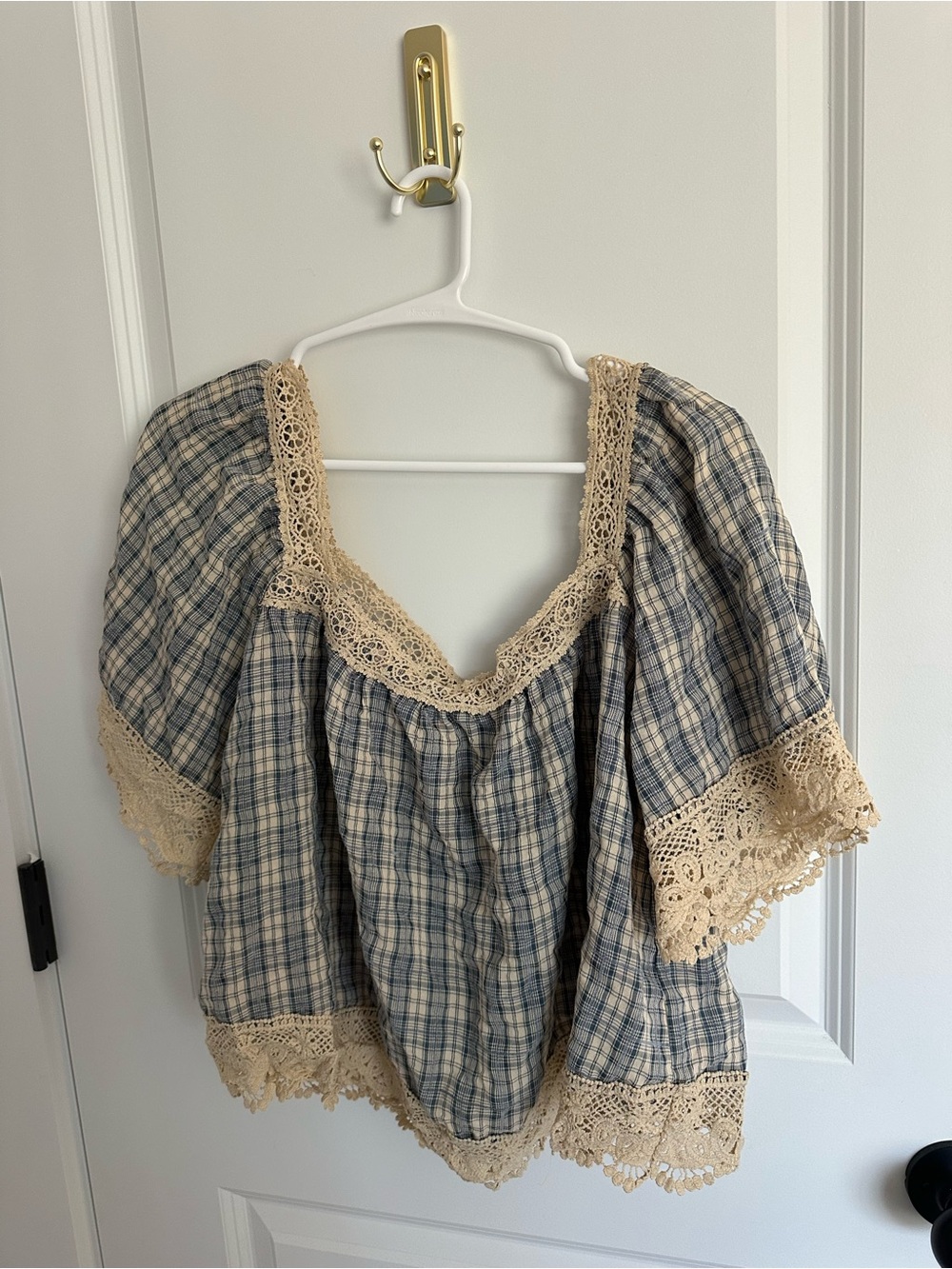 Bohme Blue and Cream Plaid Lace-Trim Square Neck Blouse - Picture 2 of 4